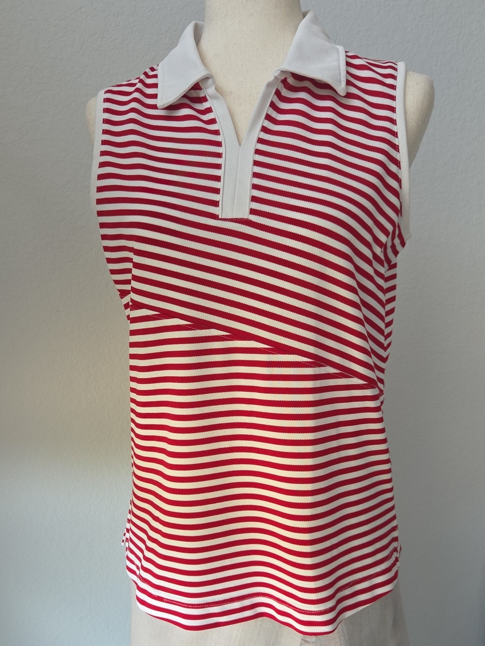 Pebble Beach Red White Striped Sleeveless Polo Tank Performance Golf Active Wear